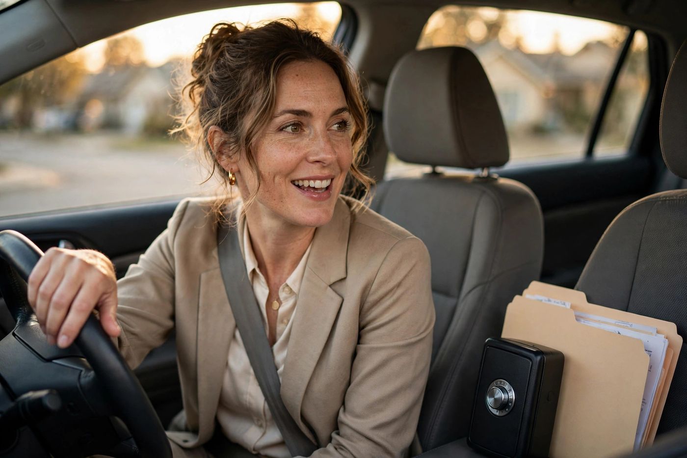 A real estate agent between showings, talking through her day while she drives