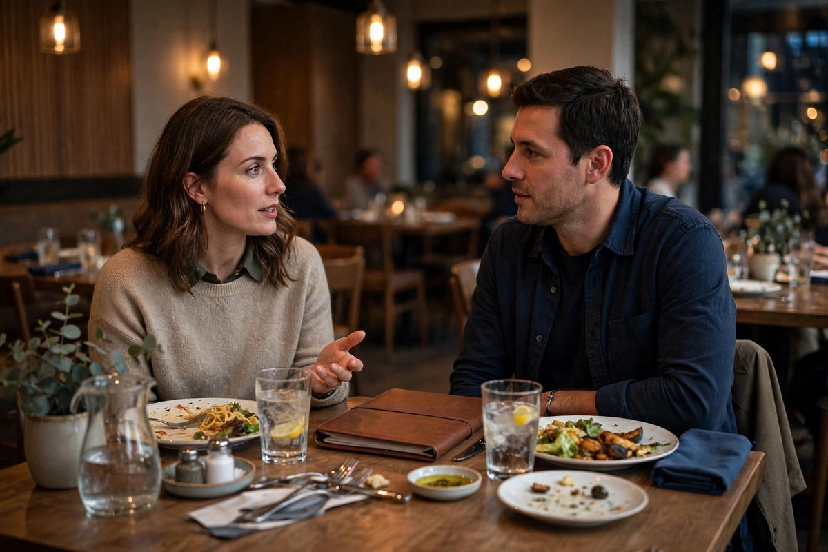 Two people in business conversation over dinner at a restaurant table with a property folder nearby