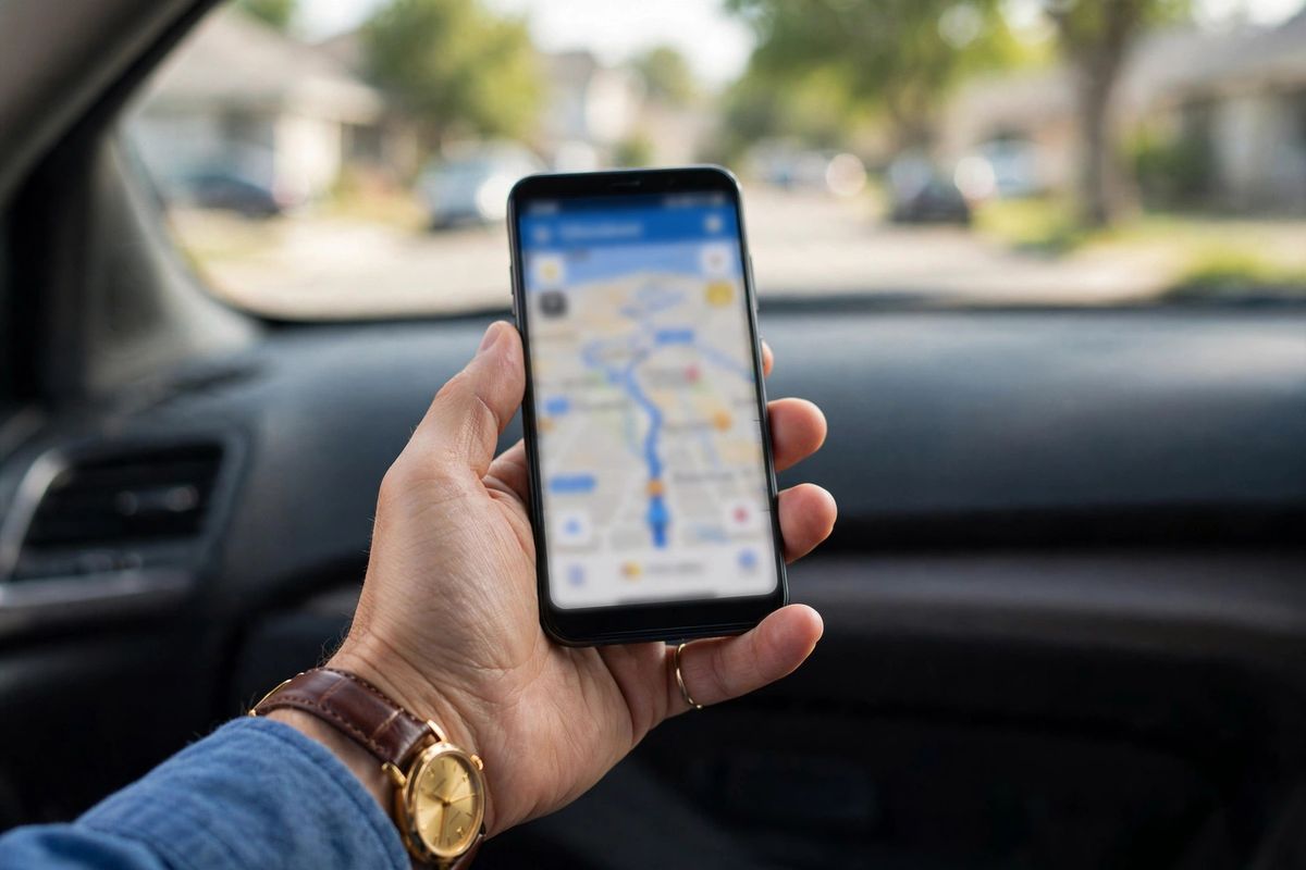 Agent holding a phone showing a driving route map inside a parked car