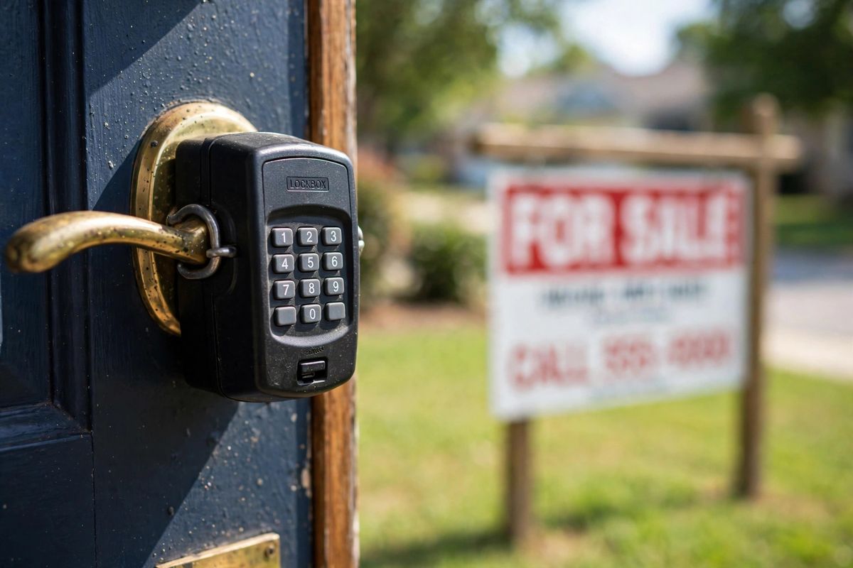 Realtor lockbox on a front door handle with a for-sale sign blurred in the background