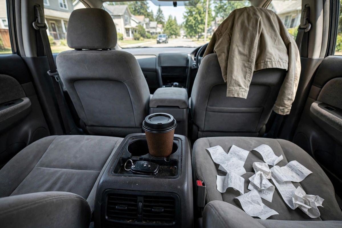 Paper receipts scattered on a car passenger seat between showings