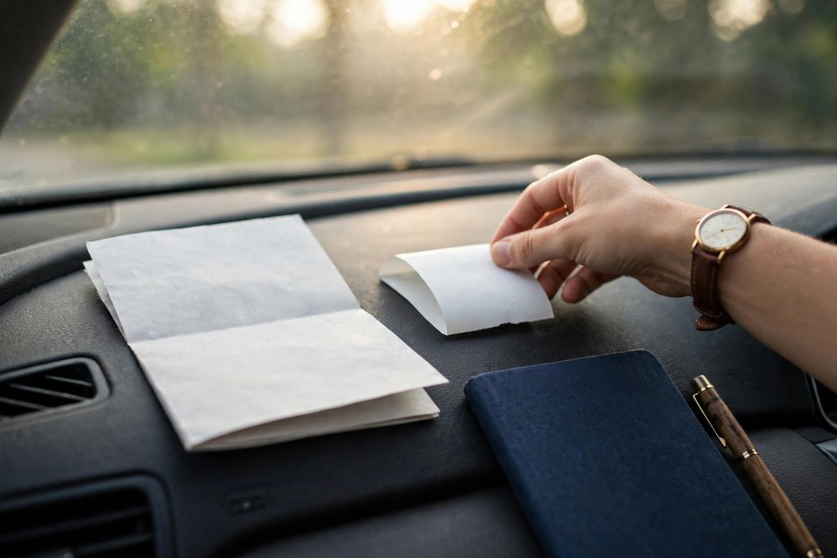 Agent setting a coffee shop receipt and open-house flyer on a car dashboard