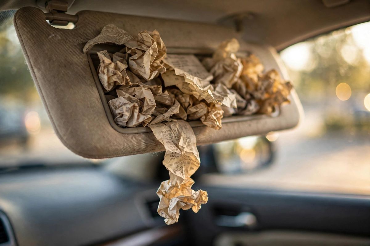 Faded gas receipts stuffed in a car sun visor