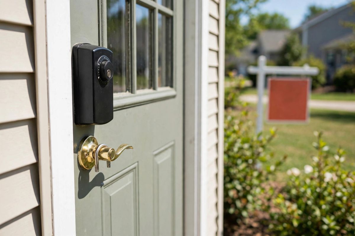 Realtor lockbox on a front door with a for-sale sign in the background