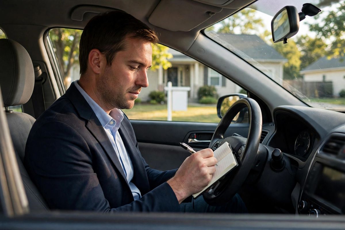 Real estate agent writing in a mileage logbook parked in front of a listed home