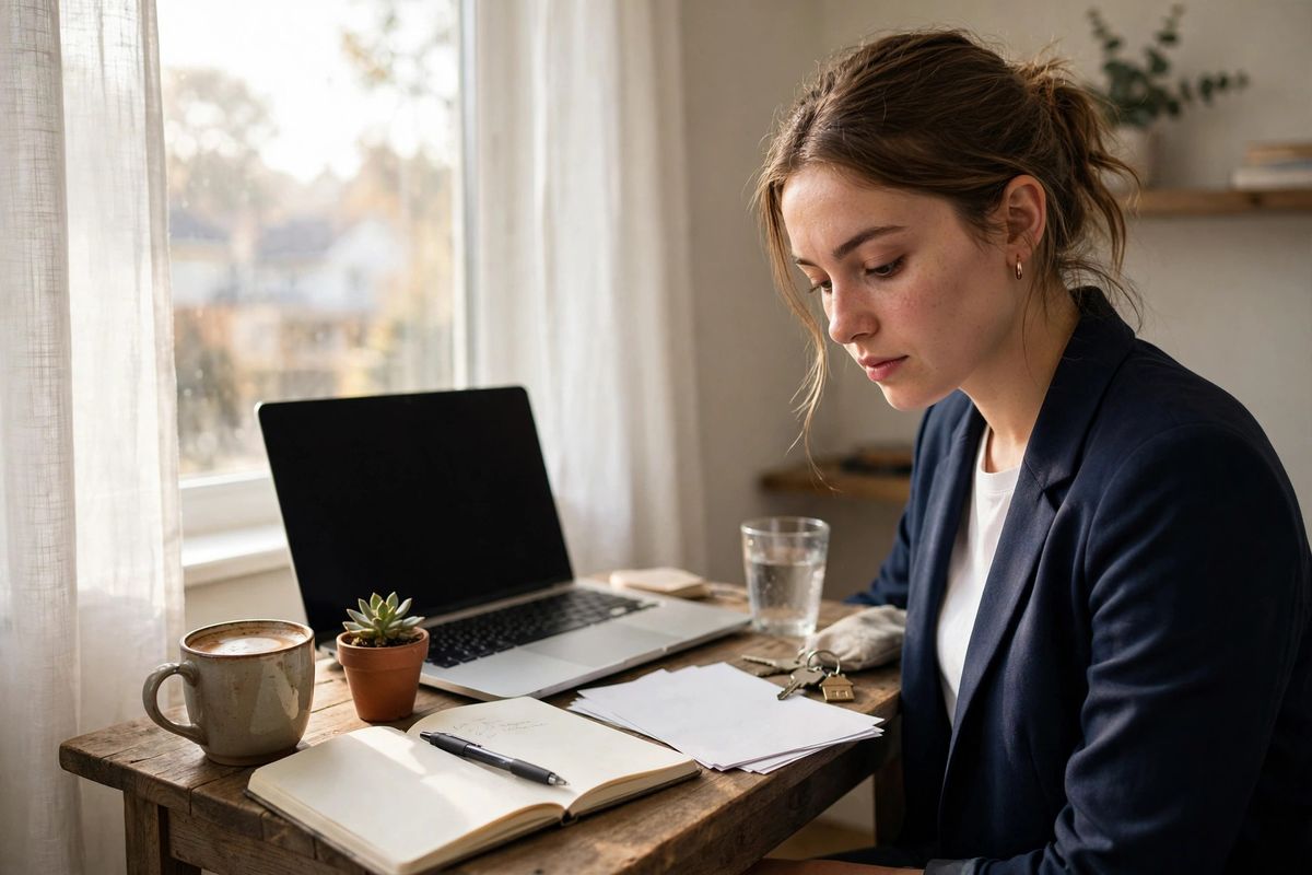New real estate agent at a small desk with laptop, notebook and coffee in morning light