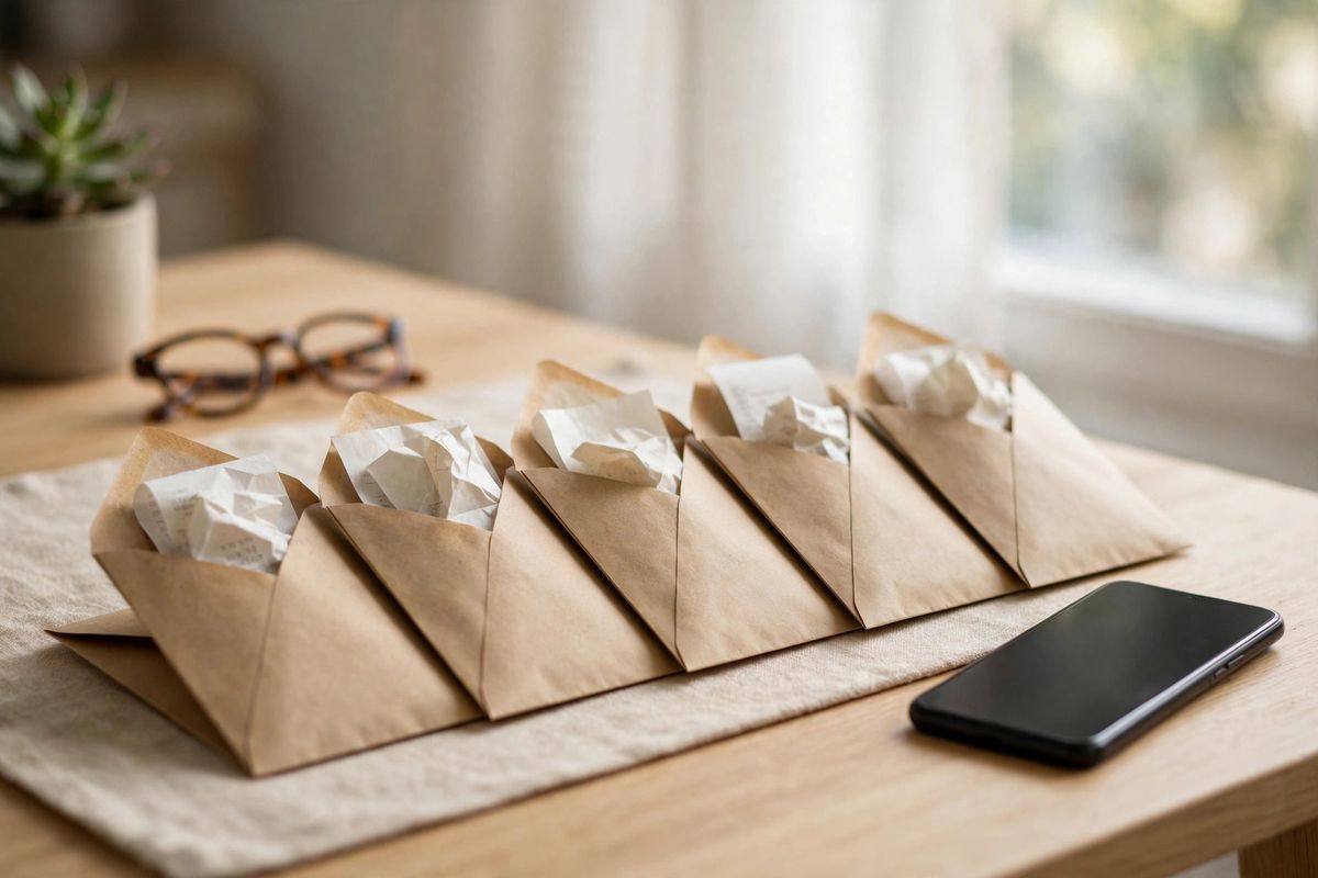 Kraft paper envelopes stuffed with receipts arranged in a row on a home office desk