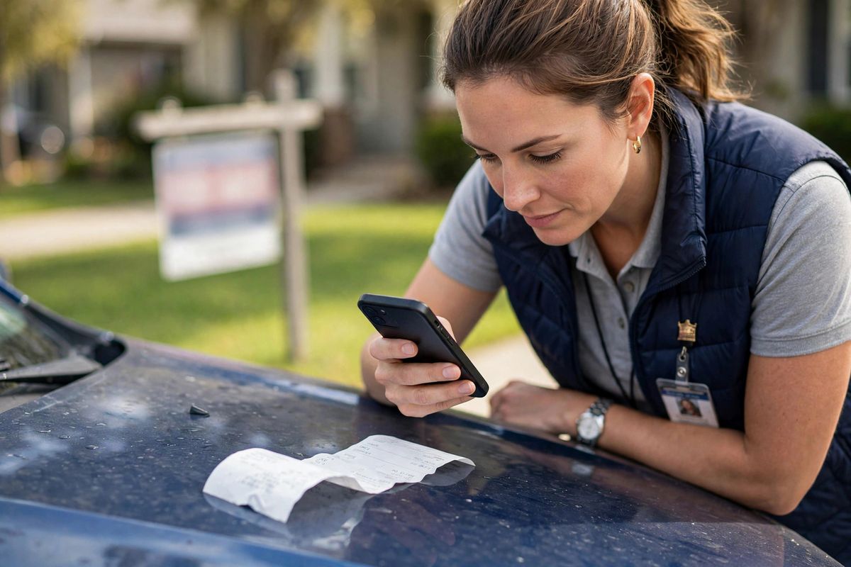 Real estate agent photographing a paper receipt with a phone on a car hood near a for-sale sign