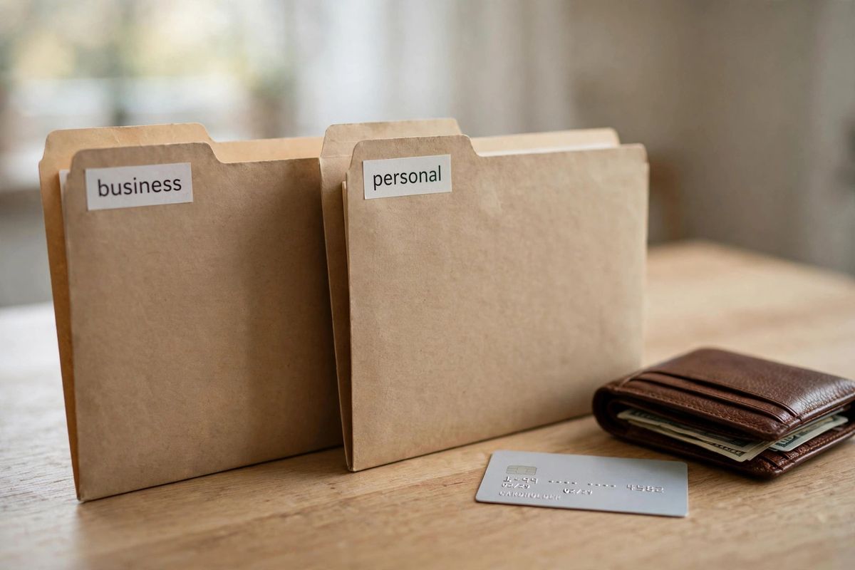 Labeled business and personal folders on a desk with a wallet and credit card