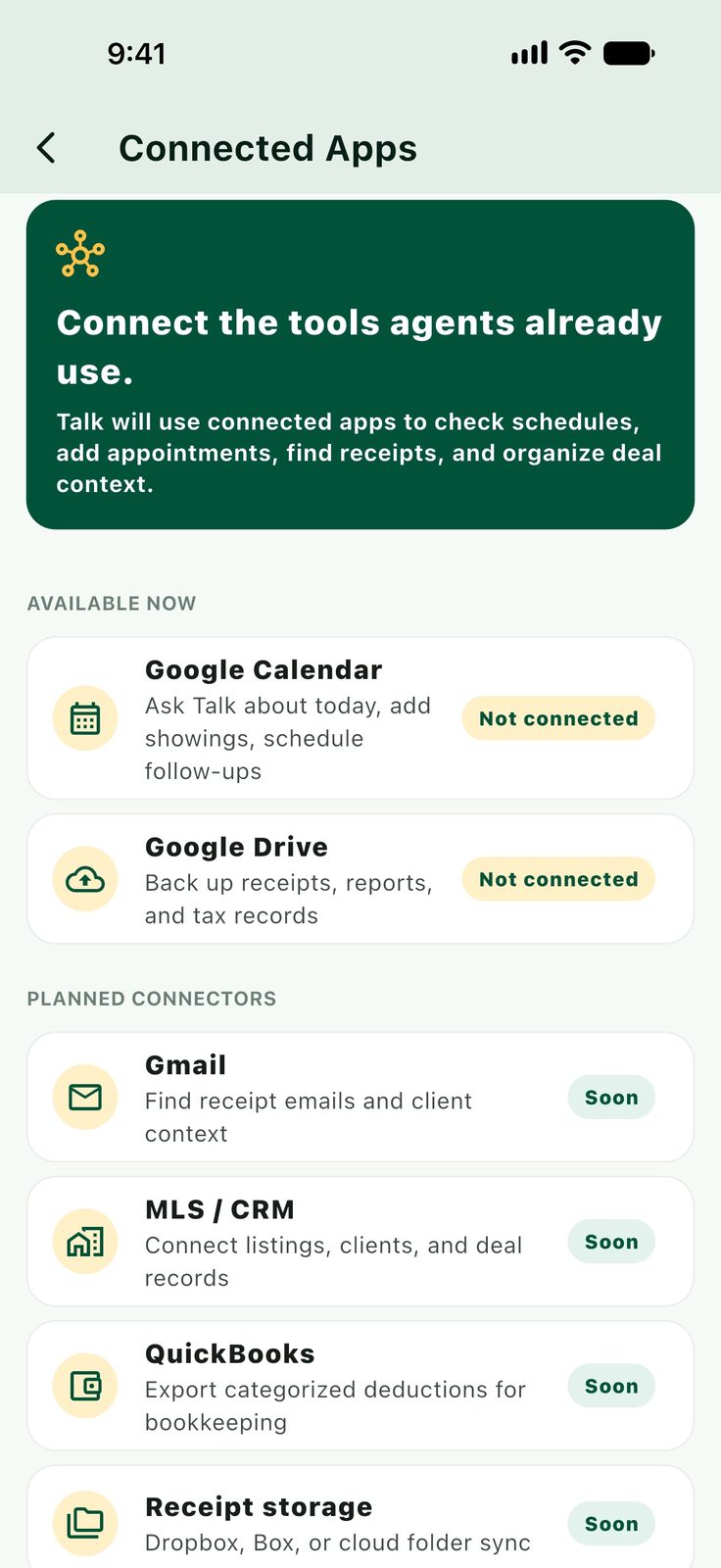 AgentDeduct connected apps screen
