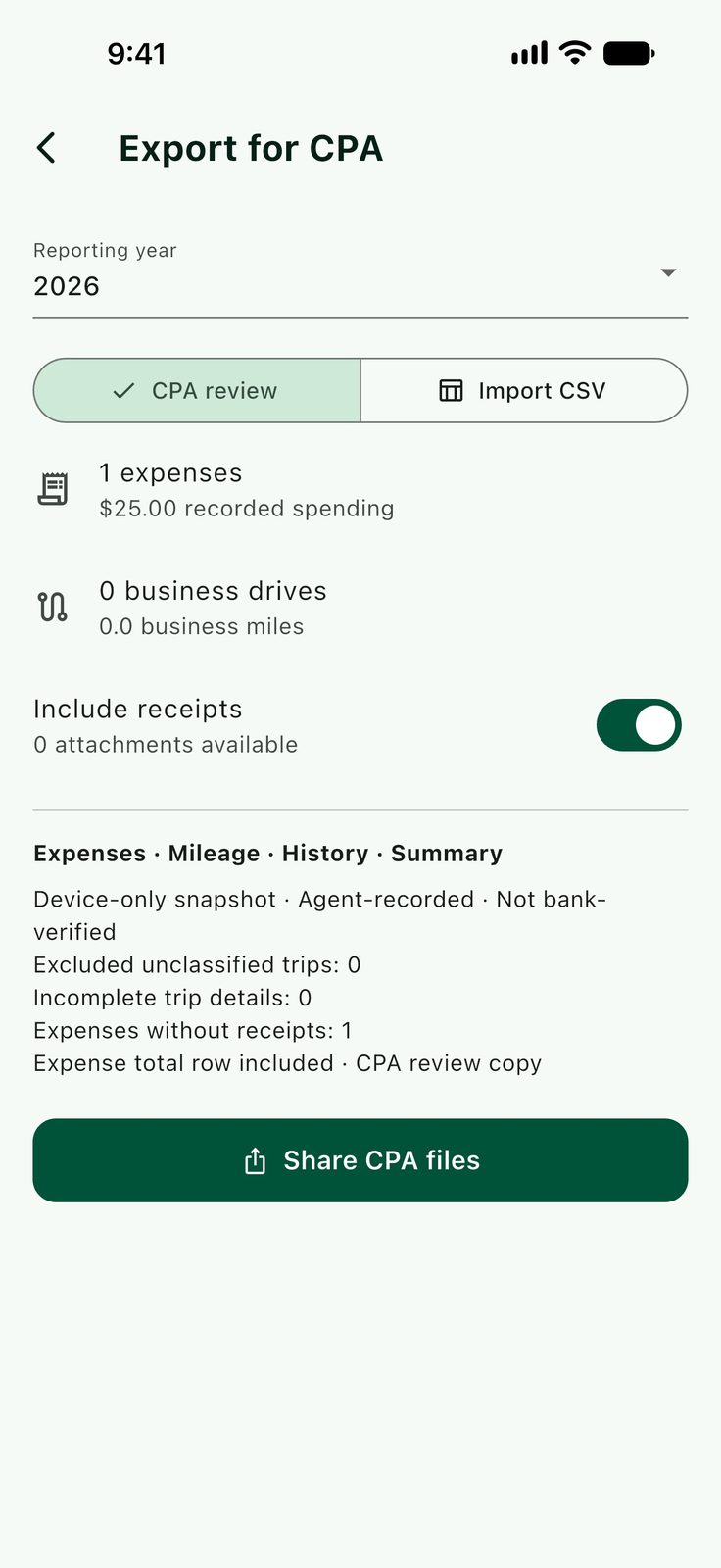 AgentDeduct export for CPA screen