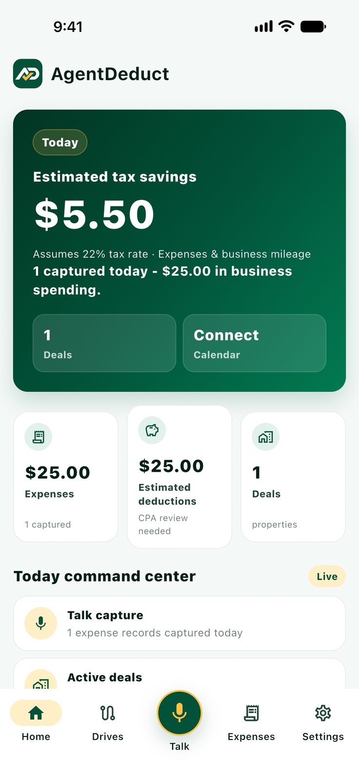 AgentDeduct home screen showing estimated tax savings